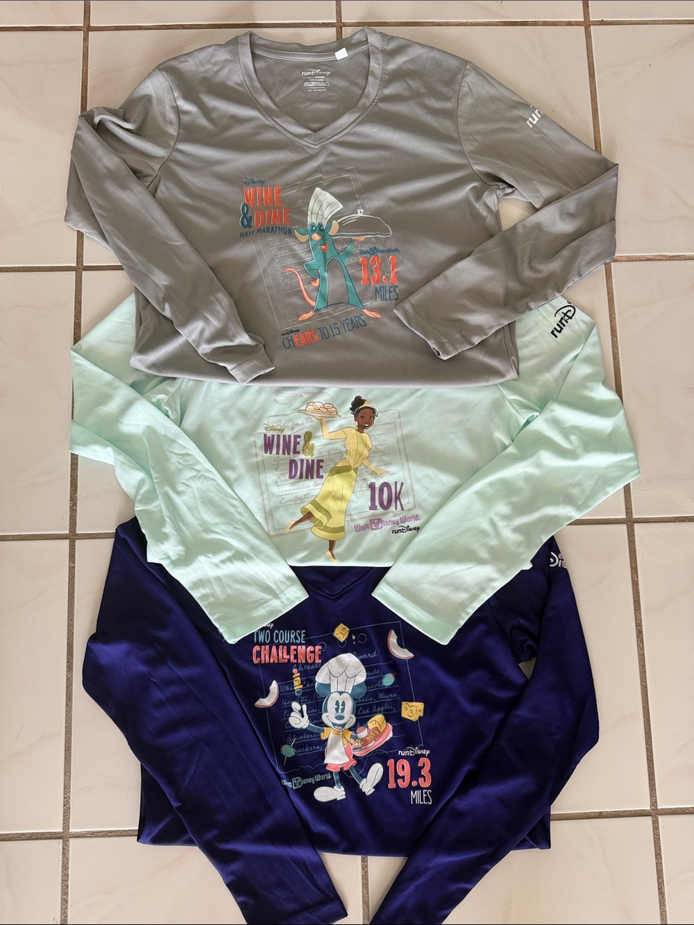 RunDisney Wine & Dine Long Sleeve V-neck Race Shirts - Gray, Mint, Navy Medium